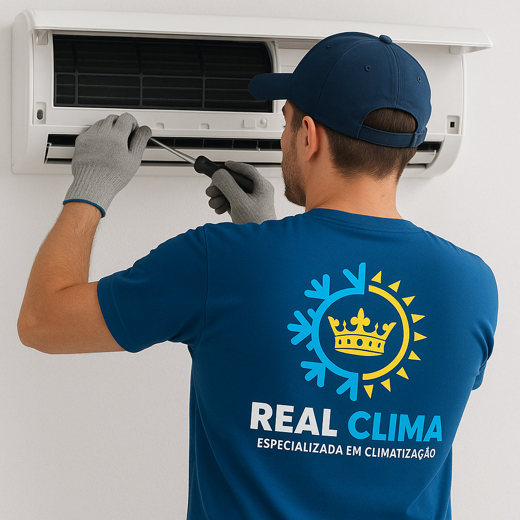 Técnico da Real Clima consertando ar-condicionado